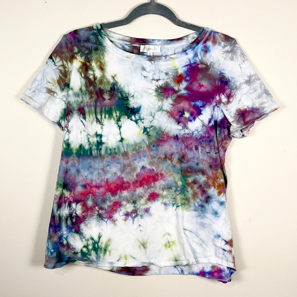 Ice dyed tie dyed upcycled rainbow multicolor cotton T Shirt - Picture 1 of 5